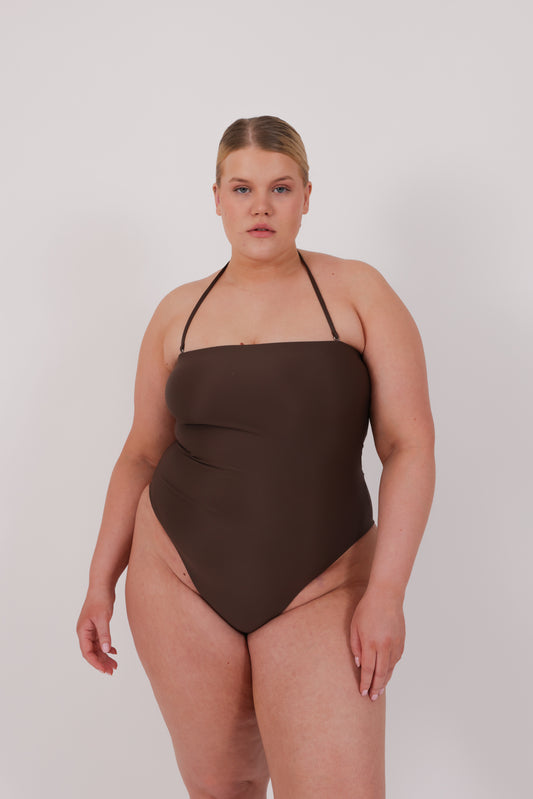 brown multiwear strapless swimsuit