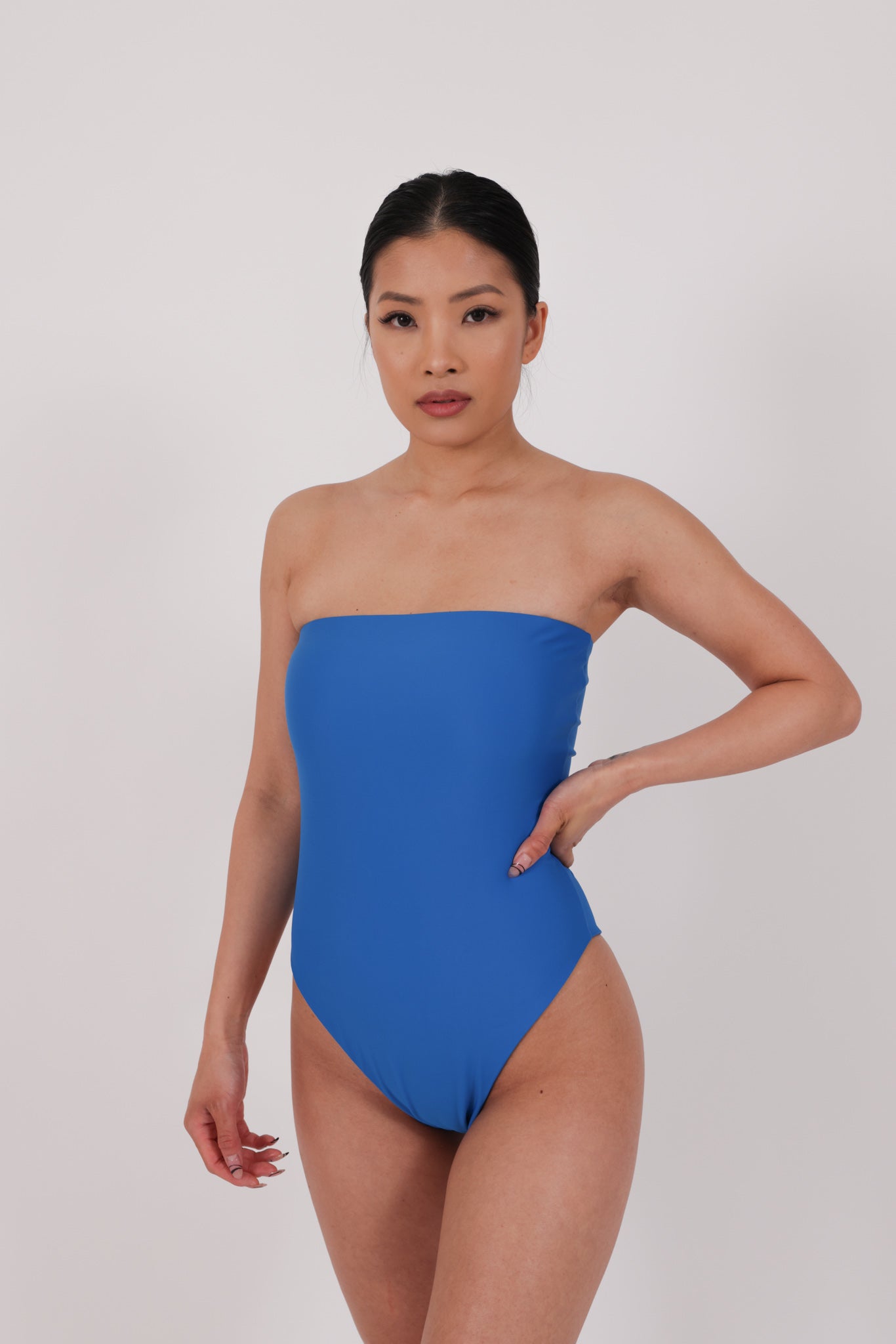 blue multiwear strapless swimsuit