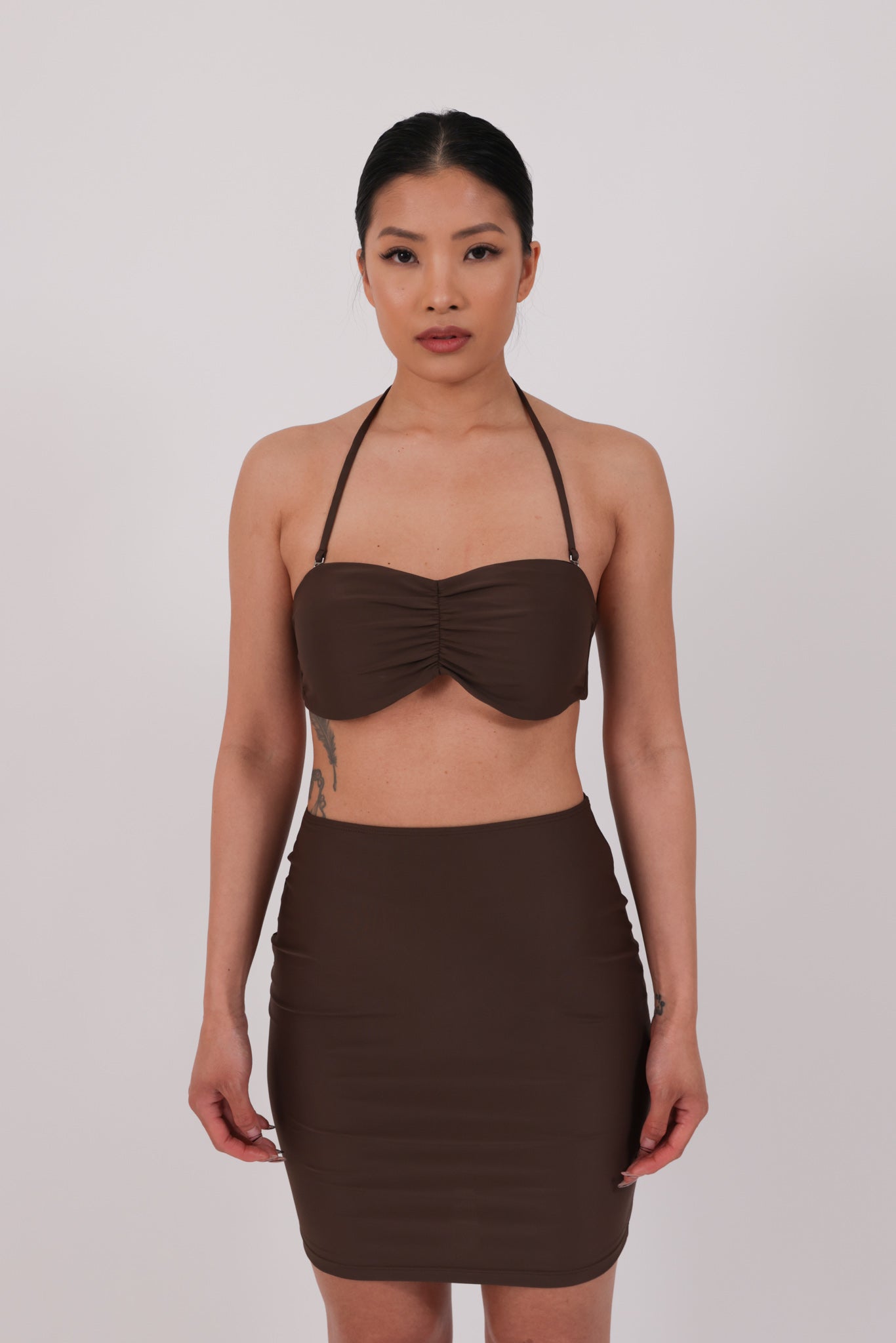 brown strapless bikini on model