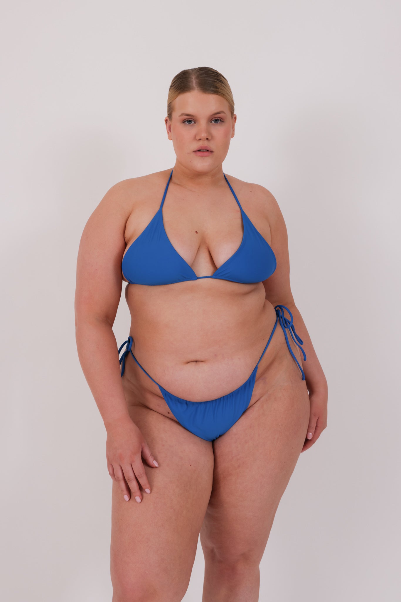 blue string bikini on model