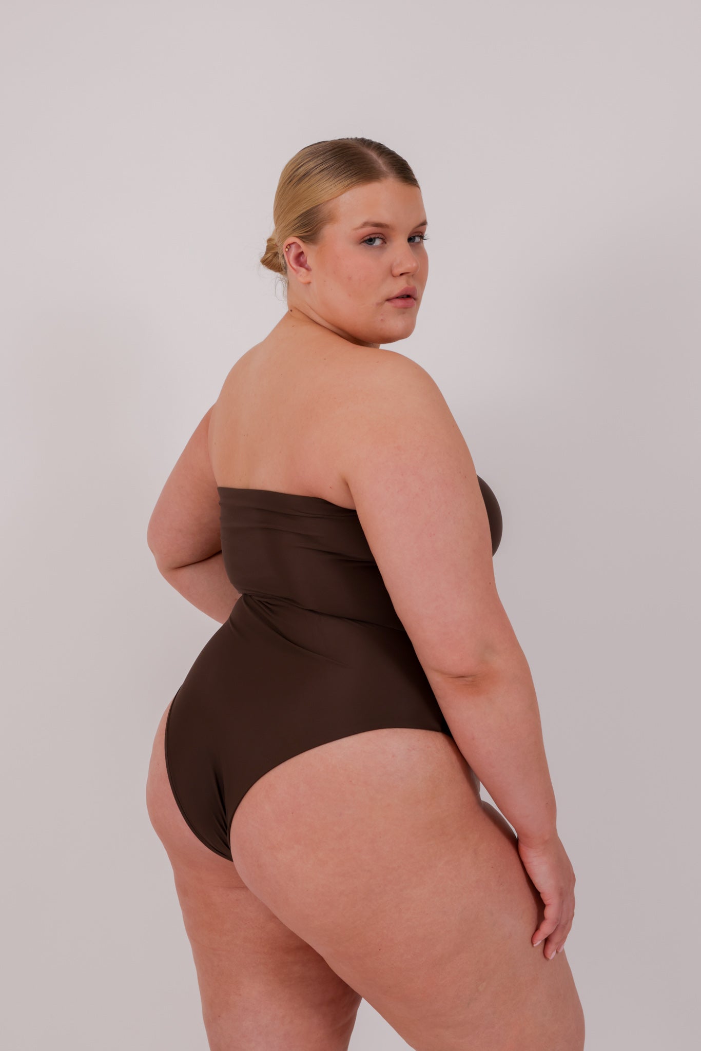 brown multiwear strapless swimsuit