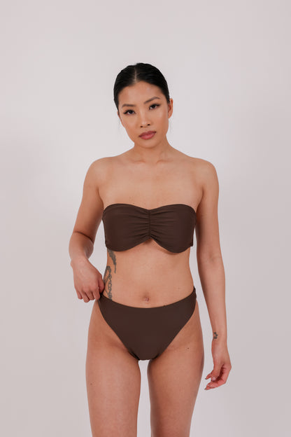 brown strapless bikini on model